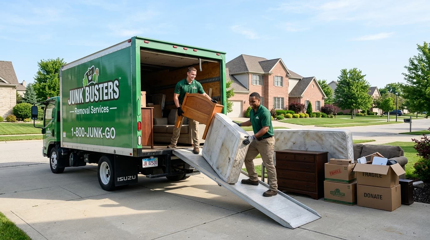 Real professional junk removal crew loading box truck in suburban driveway